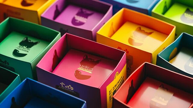 Colorful packaging design showcasing assorted boxes with unique illustrations arranged in vibrant display