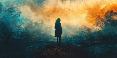 Obraz premium Solitary Figure Before A Colorful Abstract Landscape