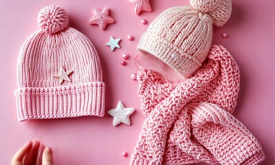 Pink background with hearts, stars and copy space. It's a girl backdrop with empty space for text. Baby shower or birthday invitation, party. Women's Day. Baby girl birth announcement.