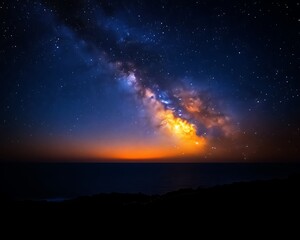 Fototapeta premium Milky Way galaxy over ocean at sunset.