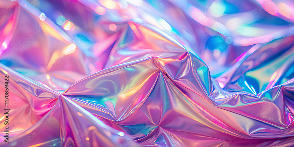 Aufkleber a vibrant, shiny fabric features intricate folds reflecting a spectrum of colors. the surface glows 