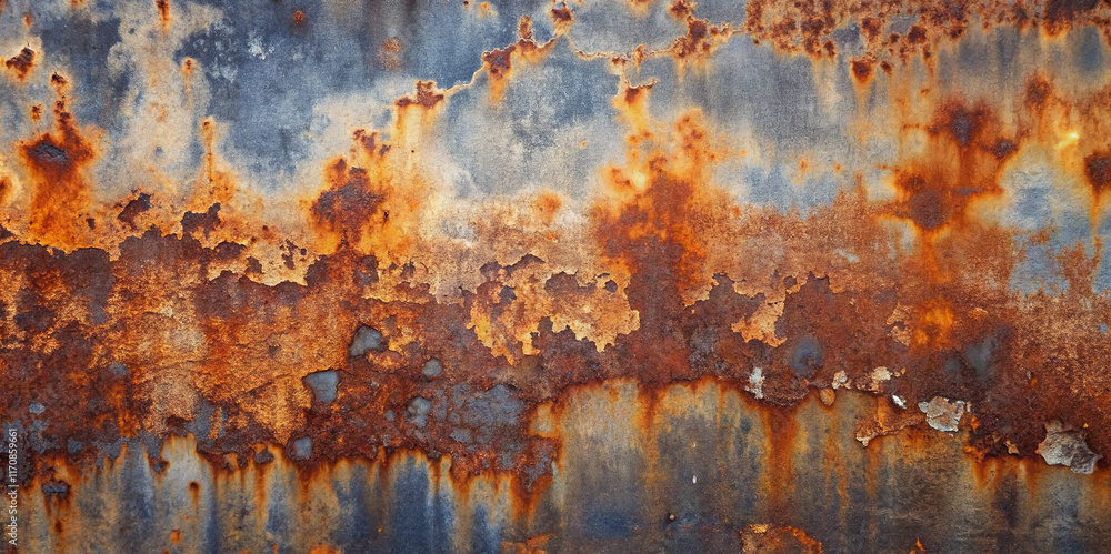 Aufkleber a weathered metal surface features a striking display of rust with varying hues of orange, brown, an