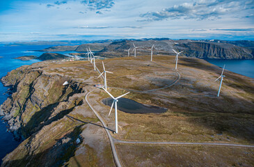 Windmills for electric power production. Arctic View, Havoysund, Northern Norway aerial photography.