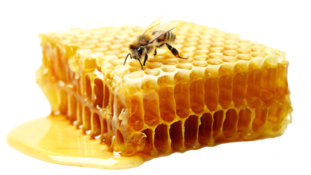 honey bee making honey on golden honeycombs isolated on white background PNG.AI GENERATED