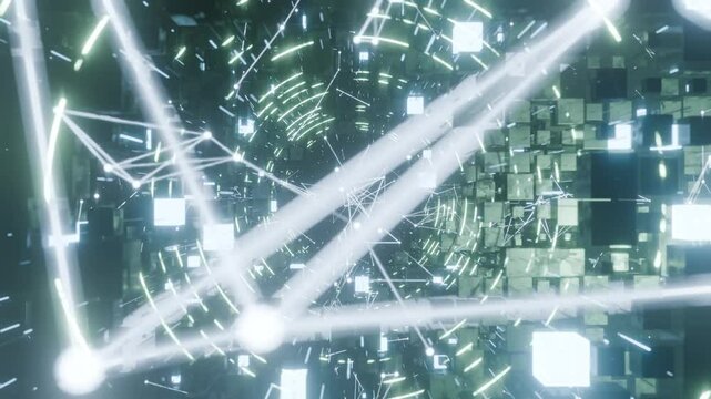A geometric luminous sphere surrounded by platforms and lights in an abstract technological environment. Video loop seamless synchronized at 120 bmp