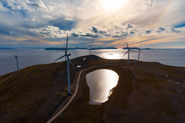 Windmills for electric power production. Arctic View, Havoysund, Northern Norway aerial photography.