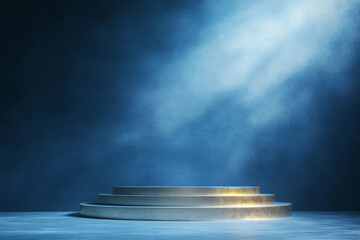 Podium With Blue Background Illuminated by Soft Light at a Public Speaking Event