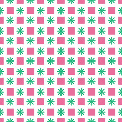 Colorful girly seamless pattern with alternating pink squares and green flowers on white background