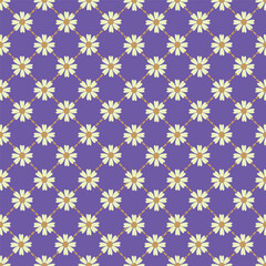 Seamless illustrated pattern with beautiful colorful flowers on dashed sqaures and violet background