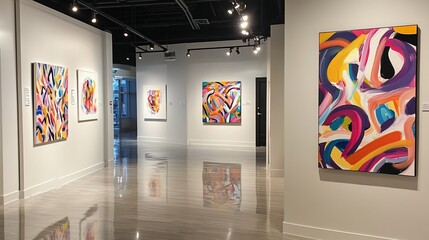 Modern art gallery interior with colorful abstract paintings displayed on walls.