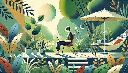 リモートワーク。自然と調和する働き方。植物に囲まれ、優しい陽射しを浴びながらパソコンを開く。generated by AI.