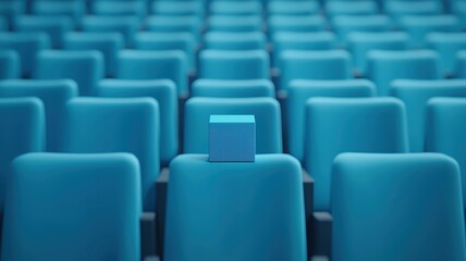 Obraz premium Blue Cube on Empty Seat in a Row of Auditorium Chairs Abstract Concept
