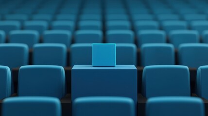 Fototapeta premium Blue Cube on Podium in Empty Auditorium Leadership Presentation Concept