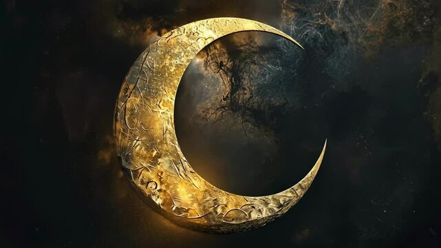 Golden Crescent Moon with Fine Filigree Work Sprinkled With golden Stardust in Dark Background. Eid al-Fitr and Ramadan