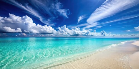 Serene beach scene with crystal clear turquoise water and soft white sand under a bright blue sky with a few wispy clouds