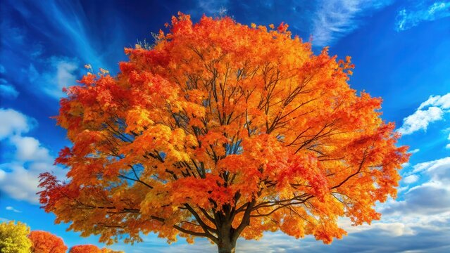 Autumn tree with vibrant orange and yellow leaves against a blue sky background in early fall season, deciduous tree, vibrant colors
