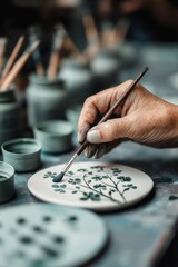 Obraz premium Hand painting delicate floral designs on ceramic plates in a vibrant pottery studio environment.