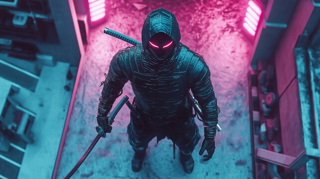 Cyber Ninja in Neon Cityscape
