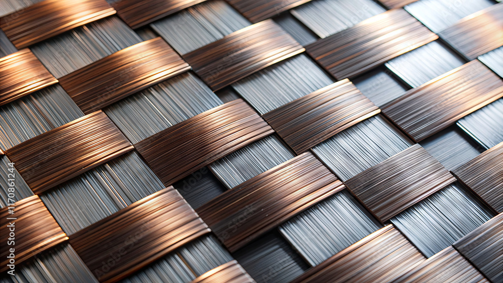 Poster a detailed view of a woven surface showcasing interlaced strands of varying metallic colors. the uni