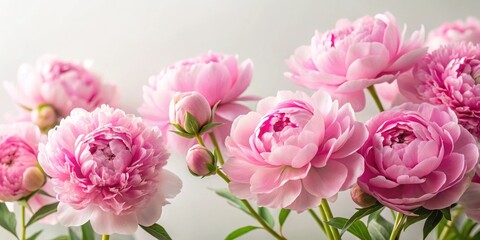 Delicate pink peonies in full bloom against a soft white background , delicate petals
