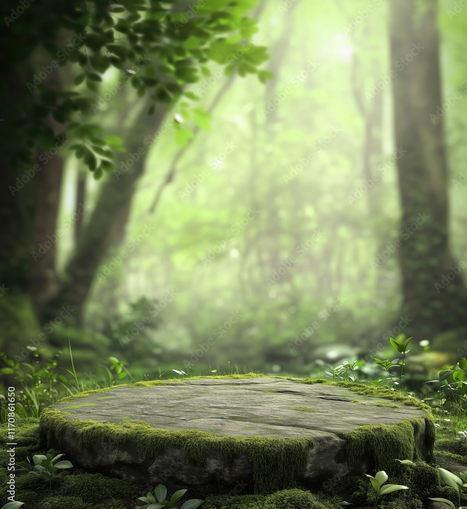 Poster moss-covered stone platform in serene forest setting, surrounded by lush greenery and soft sunlight 