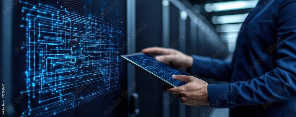 Poster data center technician using tablet network visualization server room