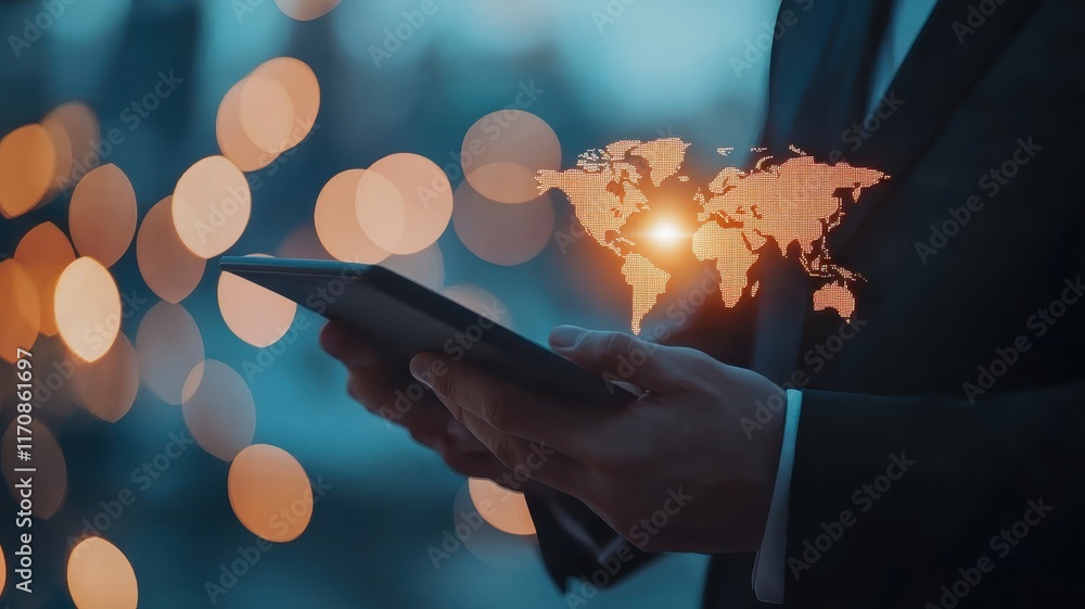 Poster global businessman using tablet world map hologram digital technology networking