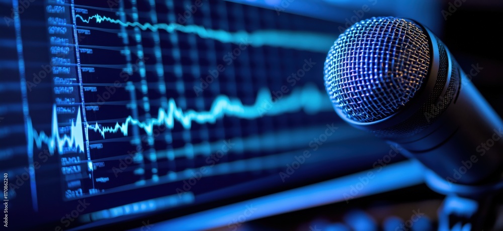 Poster microphone with audio waveform display on screen, capturing sound waves and frequencies in digital f