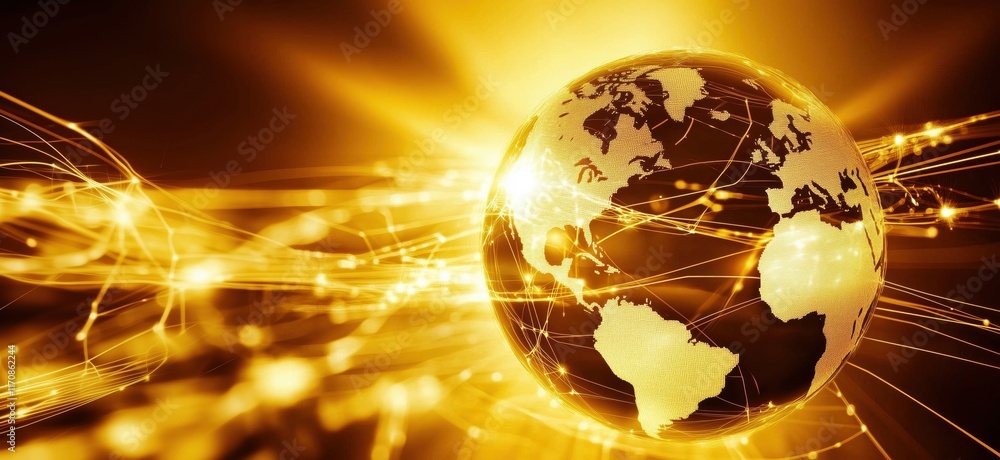 Poster golden globe with network connections representing global communication and technology, copy space f
