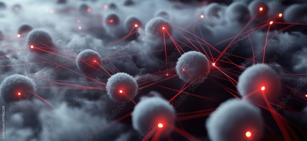 Poster abstract representation of interconnected spheres with glowing red lines in a cloud-like environment