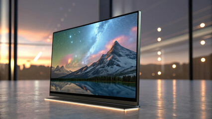 Fototapeta premium 3D illustration of a screen with glowing edges, showcasing a stunning mountain landscape