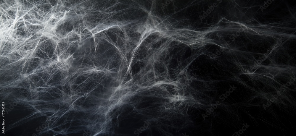 Poster Abstract web-like structure with intricate patterns and textures resembling fine threads or fibers against a dark background, copy space for text