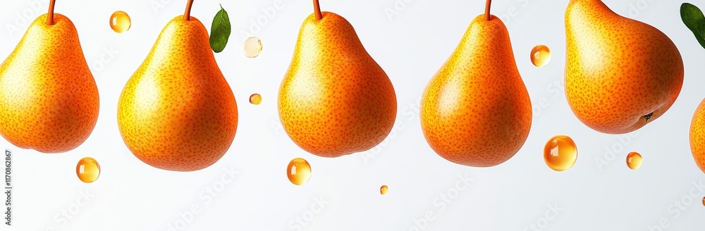 Poster row of oranges with drops of juice on them. the oranges are in different positions, some are in the 