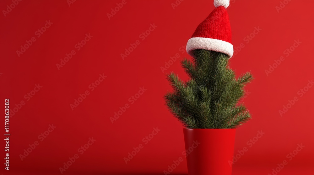 Poster small christmas tree is in a red pot. the tree is wearing a red hat. the red background and the red 