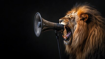 Roaring lion's head profile,mouth open, holding megaphone against black background.