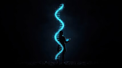 Obraz premium Woman Studying Genetic Code Digital DNA Helix Tablet Computer Science Research
