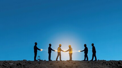Fototapeta premium Professionals Collaborating with Energy Transfer at Sunset Sky