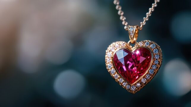 Close-up of a heart-shaped pendant with a sparkling ruby gemstone