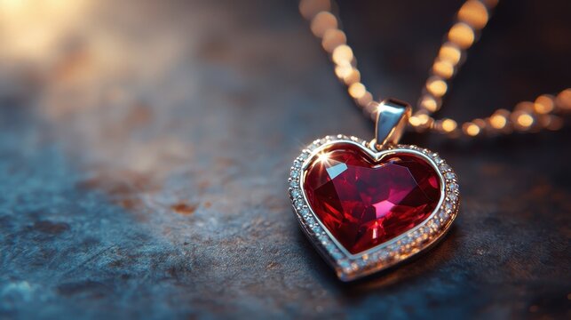 Close-up of a heart-shaped pendant with a sparkling ruby gemstone