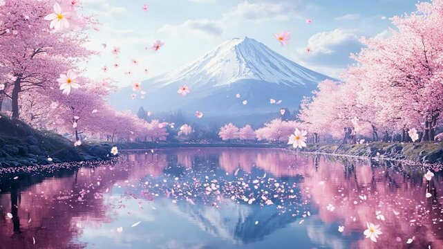 春の富士山と桜並木 - 日本の美を映し出す絶景/Mount Fuji and Cherry Blossom Row in Spring - A Spectacular View of Japan's Beauty Generative AI