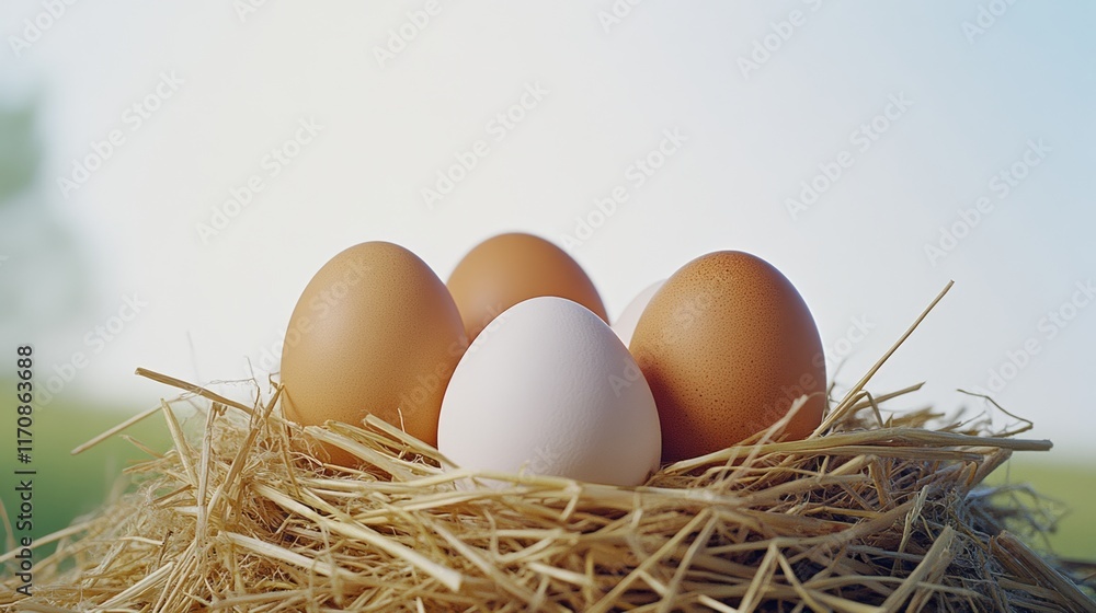 Aufkleber nest of eggs with one white and four brown eggs. the nest is made of straw and is in a field