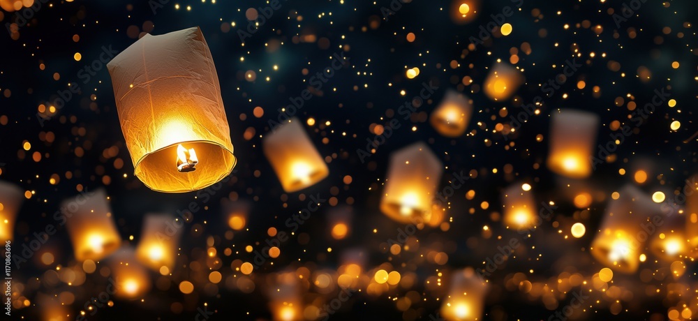 Poster floating lanterns illuminating night sky, creating magical atmosphere with warm glow and sparkling b