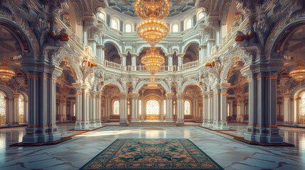 Obraz premium An opulent temple-like interior with influences of Rajasthani royal design, enhanced by emerald green and white tones, bright amber lighting creating dramatic shadows