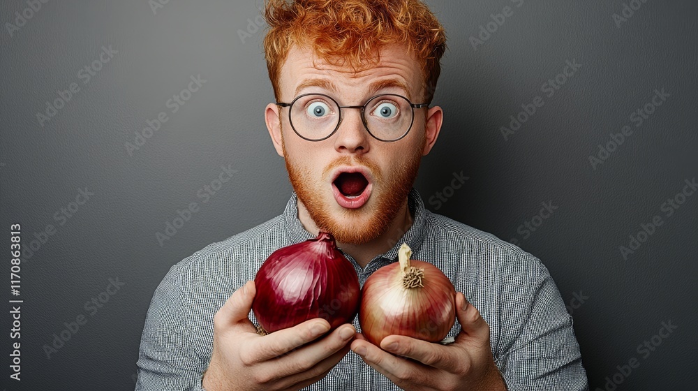 Poster man is holding two onions, one of which is red. he has a surprised expression on his face