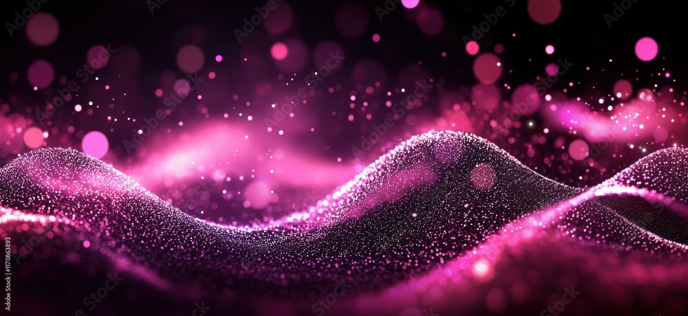 Poster vibrant pink wave patterns with sparkling particles and bokeh effects creating a mesmerizing abstrac
