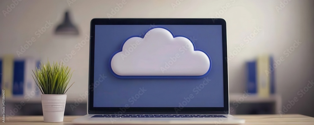 Aufkleber laptop displaying cloud computing icon on desk with plant data storage cloud technology concept