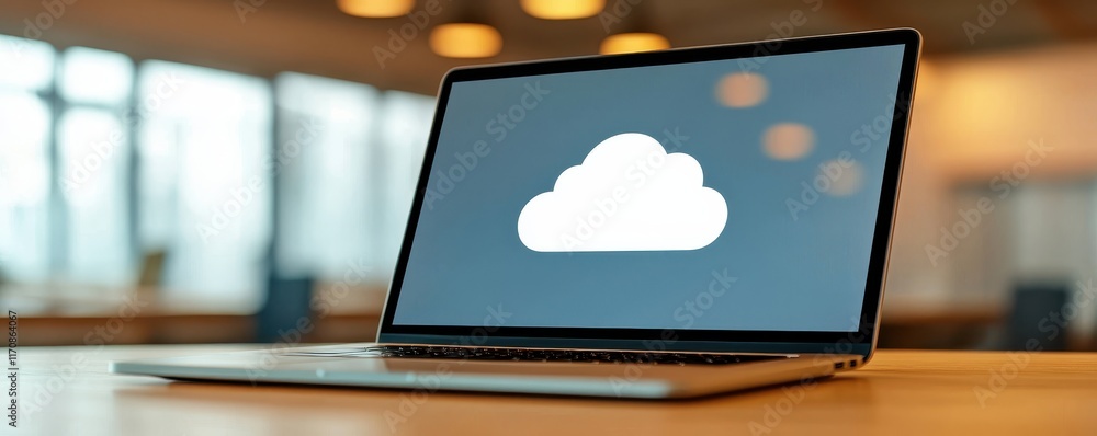 Poster laptop displaying cloud computing icon on wooden desk in office setting
