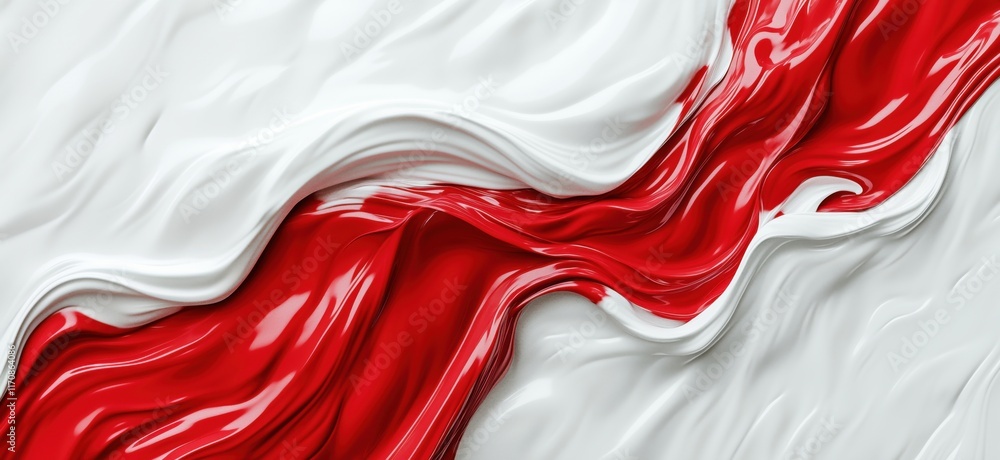 Poster Abstract fluid art design featuring dynamic red and white waves, showcasing smooth textures and vibrant colors, copy space for text