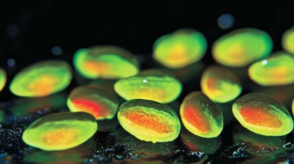 Fluorescent glow of bright green and red seeds in darkness