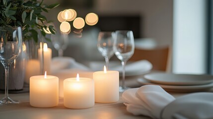 Heart-shaped candles burning softly on a romantic dinner table